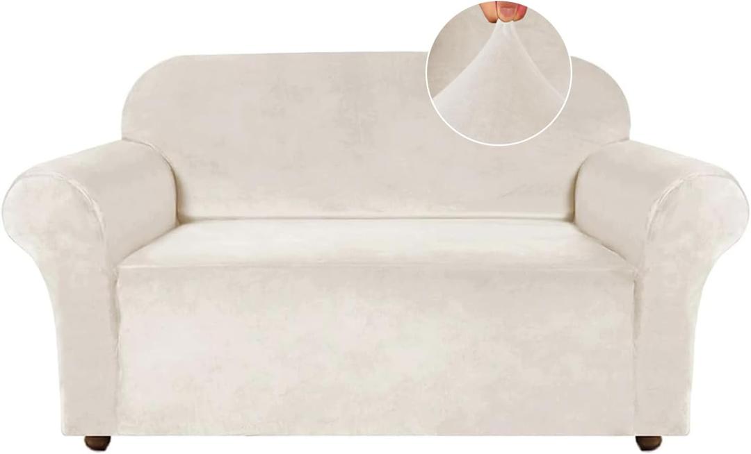 Turquoize Loveseat Covers Stretch Love Seat Couch Covers for 2 Cushion Couch Velvet Furniture Covers for Sofa with Elastic Bottom Crafted from Polyester, Spandex (Loveseat, Ivory)