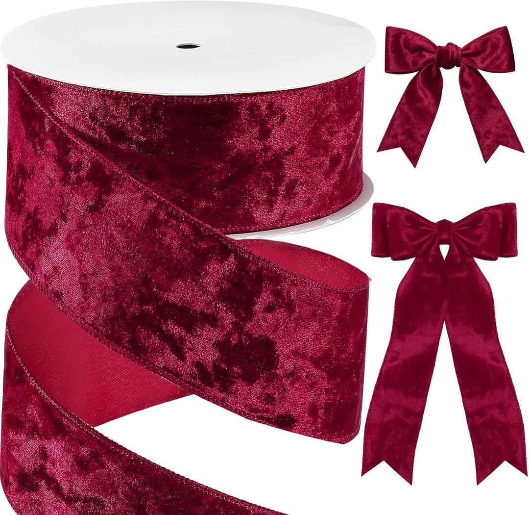 Yungyan 2.5" x 30 Yards Burgundy Crushed Christmas Velvet Ribbon, Wired Christmas Ribbon for Xmas Tree Topper Decor, Bows Making, Gift Wrapping, Garlands, Wreaths, Crafts, Outdoor Party Decor