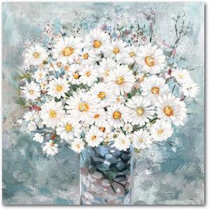 Floral Canvas Wall Art White Daisy in Vase Light Blue Background Modern Gallery Prints Pictures Flowers Textured Wall Decor Ready to Hang 24 x 24 Inch