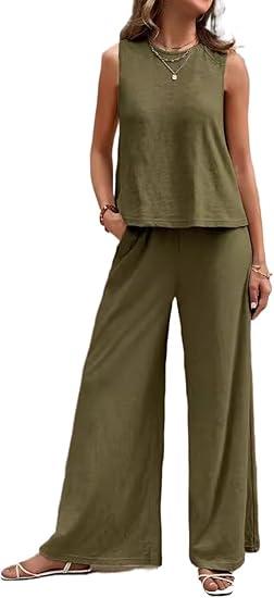 Summer Outfits for Women Pants Sets 2 Piece Casual Tank Tops Sleeveless Coverup Blouses Beach Vacation Loungewear, Size M