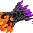 Novelty Lights 24 Feet 70 LED True Twinkle Purple/Orange Outdoor Halloween String, 100% Twinkle C6 Strawberry LED Lights on Black Wire, Commercial Grade UL Listed, Connectable End to End