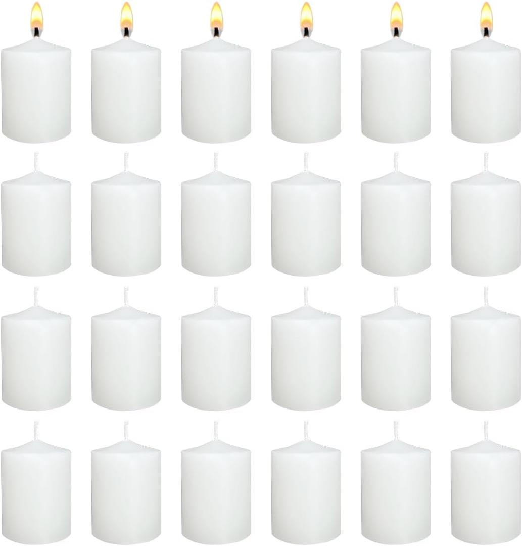 White Votive Candles Long Burn Time Unscented Candles Votives Bulk Pack of 24 Small Pillar Candles