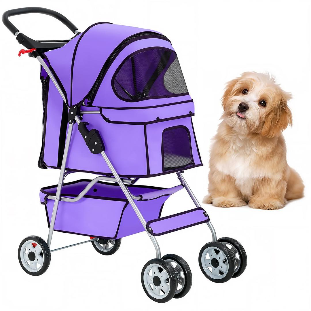 BestOffice Pet Stroller for Small Medium Dogs & Cats, 4-Wheel Foldable Dog Stroller with Cup Holder, Lightweight Travel Carrier, Waterproof Design for Outdoor Walks,Purple