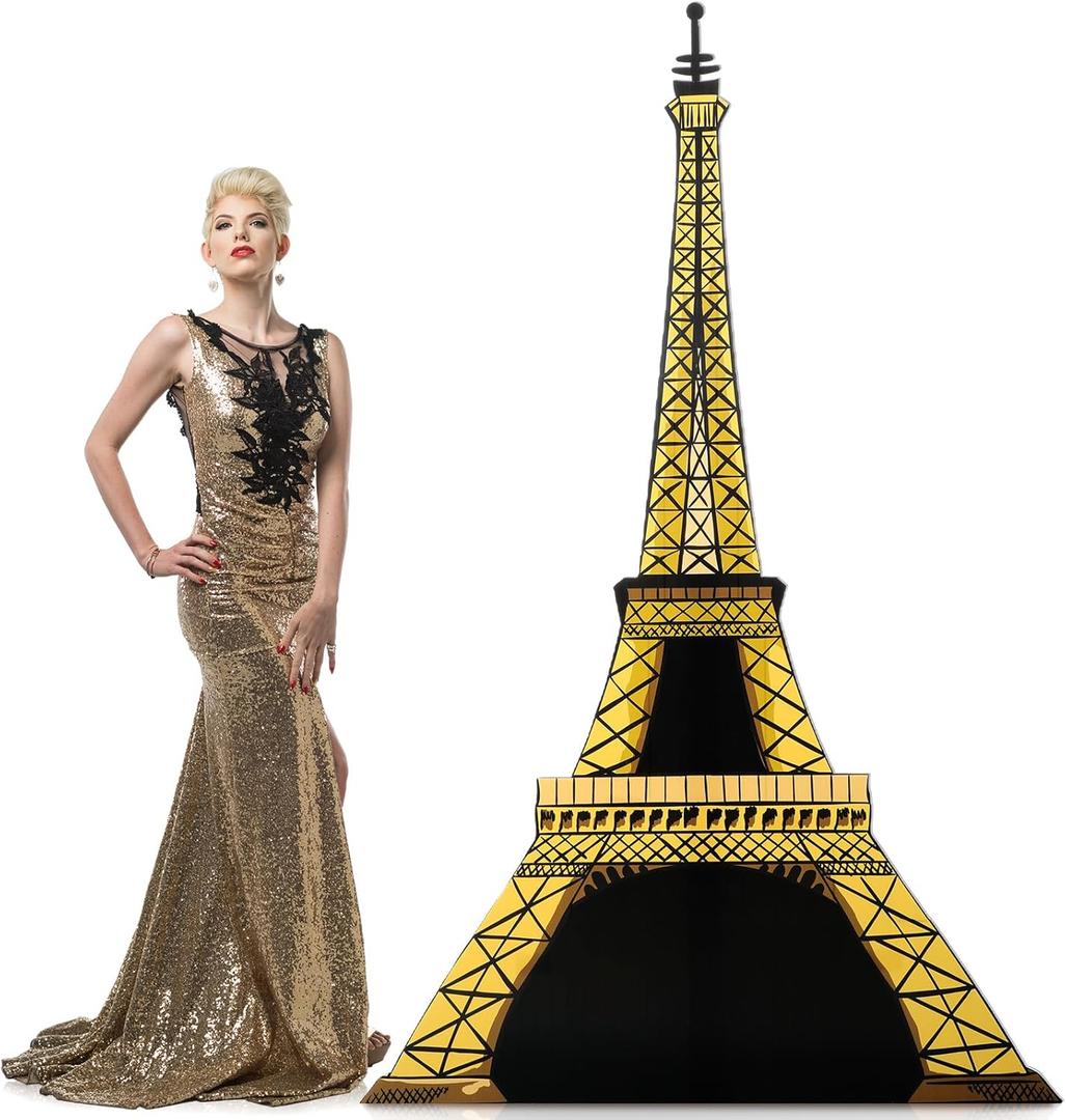 Leinuosen 6 ft Eiffel Tower Cardboard Cutout Stand up Lifesize French Theme Party Decoration Gold Eiffel Tower Photo Prop Backdrop Standup for France Night of Paris Theme Party Birthday Decor