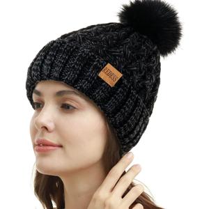 2 x REDESS Women Winter Pompom Beanie Hat Fleece Lined Warm Hats, Thick Slouchy Snow Knit Crossed Cap for Ladies (Black)