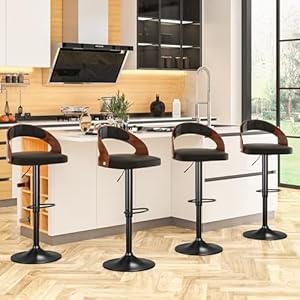 VECELO Bar Stool Set of 2, Kitchen Island Stools with Bentwood Back,Arm&Footrest,360Swivel Counter Height Stools, PU Leather Cushion Seat Adjustable Height for Club Pub & Kitchen, Dark Brown