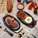 Mifoci 12 Pcs Oval Cast Iron Fajita Skillet Pan Set Small Sizzling Steak Plate with Wooden Base and Handle Cast Iron Fajita Skillet Sizzling Plate for Restaurant, BBQ, Wedding (9.5 in x 5.5 In)