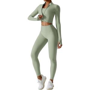 Workout Sets for Women 3 Piece High Waisted Seamless Leggings Crop Top Jacket Gym Yoga Outfit Stretchy Sports Bra Sets (Small, Green)