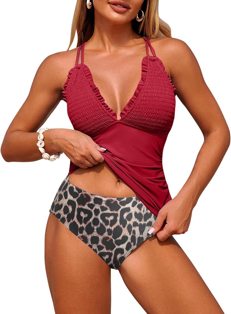 ZAFUL Womens Tankini Swimsuits Smocked 2 Piece Bathing Suits Modest Tie Back Swimwear (Red, M)