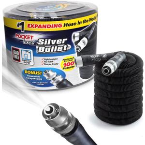 Pocket Hose Silver Bullet 50 ft Turbo Shot Nozzle Multiple Spray Patterns Expandable Garden Hose 3/4 in Solid Aluminum Fittings Lead-Free Lightweight and No-Kink