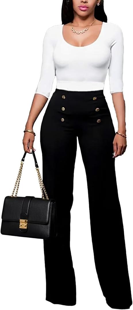 Women's Stretchy High Waisted Wide Leg Button-Down Pants Sailor Bell Flare Trousers (XL, Black)