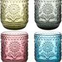 3 x 4 Pack 12 Oz Vintage Glassware Drinking Glasses Set, Embossed Floral Decorative Glassware Set for Whiskey, Beer, Juice, Wine Multicolor