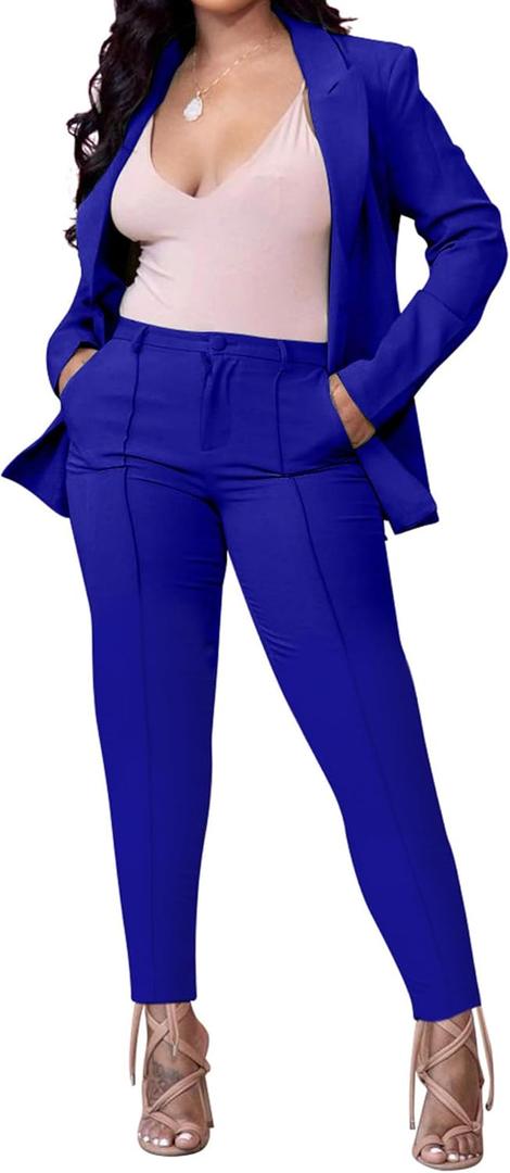 IyMoo Tracksuit Women Long Sleeve Blazer Jacket Coat and Pants 2 Piece Set Suit Slim Fit Bussiness Coat and Pants Set Letter Print 219 Blue Medium