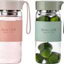 Glass Tea Bottle 16 oz Drinking Bottle with Non-Slip Holster, and Stainless Tea leak, Leak Proof Lid, Portable Glass Water Bottle for School, Office, Car, Home, as a gift, etc (Green+Pink)
