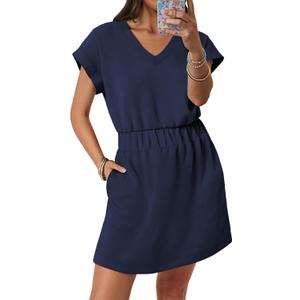 ANRABESS Womens Summer Dresses Casual V Neck Short Sleeve Elastic Waist Mini Tshirt Dress Beach Vacation Sundress with Pocket (Blue, XXL)