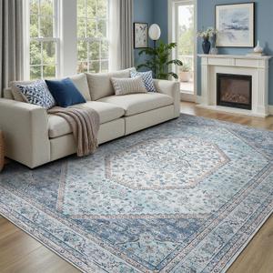 DCX Machine Washable Blue Rugs for Living Room 9x12, Non Slip Stain Resistant Vintage Floral Rug for Bedroom Nursery, Soft Low Pile Large Carpet