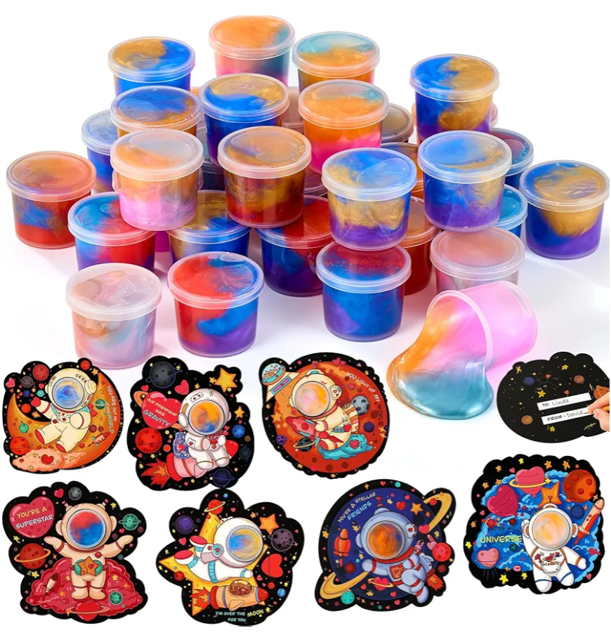 28 Pack Valentines Day Gifts for Kids Classroom - Galaxy Slime with Valentines Day Cards for Kids School, Valentine Classroom Exchange Prizes, Party Favors, Non Candy Gift Exchange