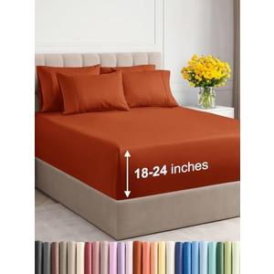 Extra Deep Queen Sheet Set - 6 Piece Breathable & Cooling Sheets - Hotel Luxury Bedding Set with 18-24 Inch Extra Deep Pockets - Easy Fit - Super Soft, Wrinkle Free and Comfy - Terracotta, Queen Size