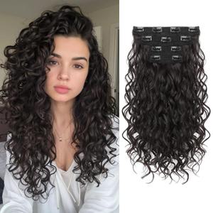 REECHO Curly Hair Extensions, 4PCS 16 inch Clip in Hair Extensions Lace Weft Short Curly Hair Extension Clip Ins Invisible Natural Hairpieces for Women, Off Black