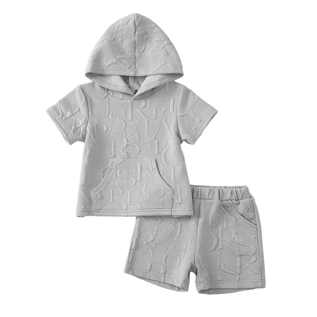 KIMI BEAR 5T Boys Summer Clothes Little Kids Boy Outfits Short Sleeve Letter Print Hooded T Shirt Tops Casual Shorts Set 6 Year Old Boy Clothes Sweatsuits (Gray)