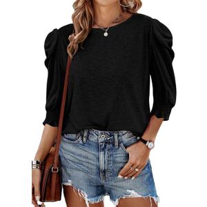 Tankaneo Womens 3/4 Length Sleeve Tops Dressy Casual Blouse Puff Sleeve Cute Trendy T Shirts with Smocked Cuffs (Black)