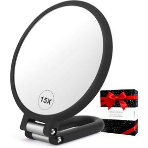 CLSEVXY Magnifying Handheld Mirror Double Sided, 1X 15X Magnification Hand Mirrors, Travel Folding Hand Held Mirror, 360Rotation Pedestal Makeup Vanity Mirror (Black)