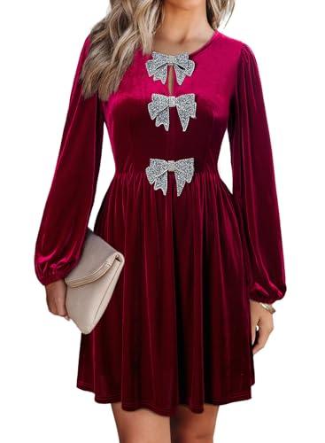 Happy Sailed Women’s Velvet Dress Semi Formal Long Sleeve High Waisted Cocktail Mini Dress Night Out Burgundy, L