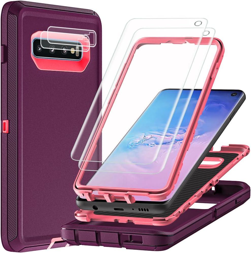 For Samsung Galaxy S10 Case with 2Pcs Self Healing Flexible TPU Screen Protector & Camera Lens Protector, 3 in 1 Heavy Duty Shockproof/Drop Proof/Dust Proof Case (Wine Red/Rose Pink)