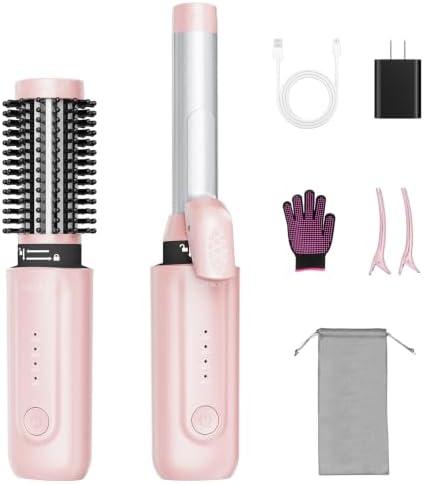 Cordless Hair Curling Iron Brush, 1/1.5'' Barrels, 8000mAh, 4 Temp 300-410℉ | Wireless Heated Round Brush,MCH Ceramic,15S Faster Heating,200M Negative Ions,Rechargeable Battery,Dual Voltage,Travel