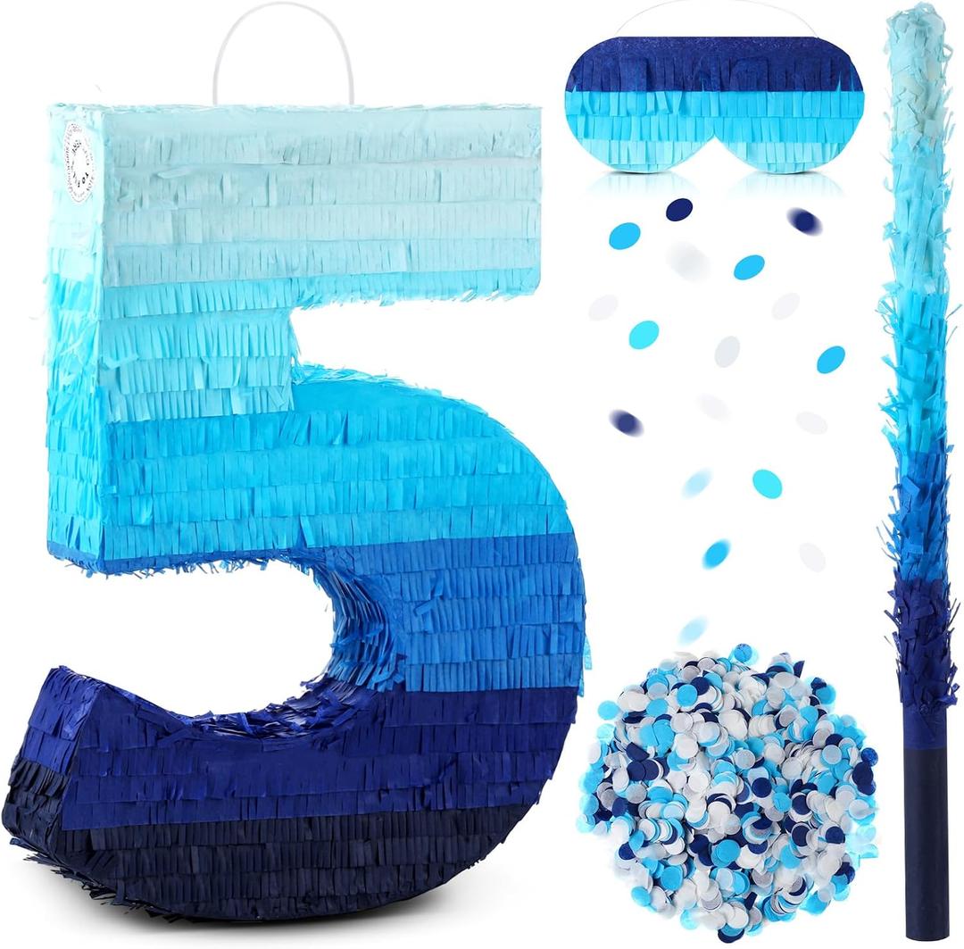 Poen 20 Inch Large Number 5 Piñata Blue Ombre Jumbo Pinata with Stick Blindfold and Confetti for Graduation Birthday Party Decorations Fiesta Adults Anniversary Celebration