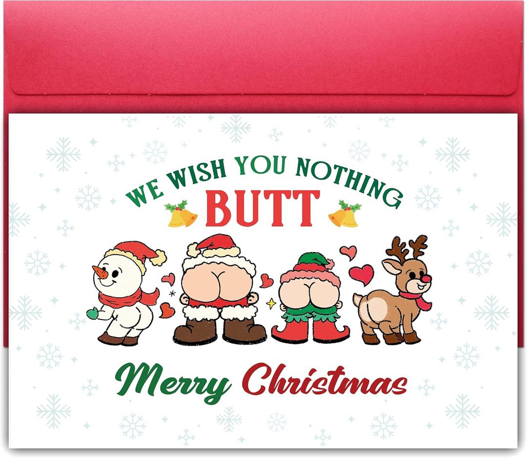 2 x Funny Naughty Butt Christmas Card for Him Her, Hilarious Holiday Greeting for Husband Wife Boyfriend Girlfriend, Unique Xmas Humor Card Gift for Men Women