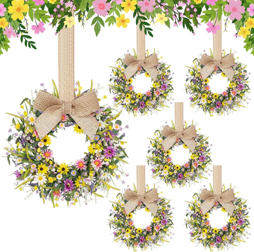 Dingion 6 Pcs 6" Mini Spring Cabinet Wreaths Spring and Summer Wildflower Candle Rings Wreaths for Kitchen with Ribbon Small Floral Wreath for Window Door Farmhouse Wedding Decorations
