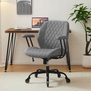 YFO Modern Ergonomic Office Desk Chair, Grey Leather with Lumbar Support, Adjustable Height, Swivel, Armrests, for Office, Gaming, Reading, Relaxing, Mid Back