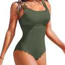 Charmo Womens Scalloped Ribbed One Piece Swimsuits Retro Square Neck Modest Bathing Suits M