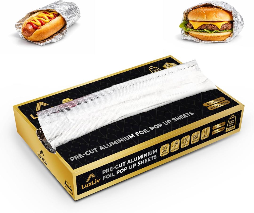 Pre-Cut Aluminum Foil Sheets 200 Count  12 x 10.75 Inches Pop-Up Foil Sheets, Heavy Duty 18 Micron, Disposable Food Wrap for Restaurants, Catering, BBQ, Deli & Kitchen Use