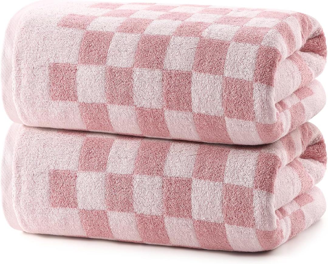 REDKISS 2 Piece Pink Checkered Bath Towels Set - 27x55 Highly Absorbent 600GSM Pink Cotton Towels for Bathroom Decoration, Retro Checkered Design