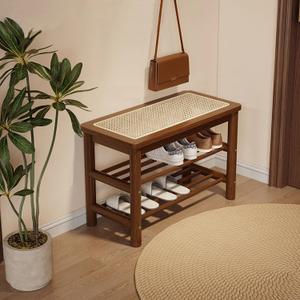 Bamboo Shoe Rack Bench with Rattan Seat, 3-Tier Shoe Storage Bench, Entryway Bench for Hallway Walnut-23.62 inches