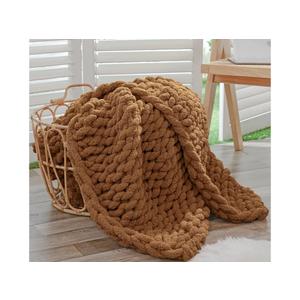 Bigacogo Chunky Knit Throw Blanket for Couch, 40x60 inches, 100% Hand Knitted with Thick Jumbo Chenille Yarn, Cozy Soft Large Rope Knot Cable Crochet Blankets for Sofa Bed Living Room, Caramel