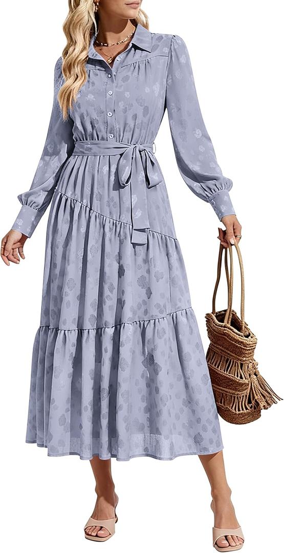 dowerme Women's Casual Dresses 2025 Fall Fashion Long Sleeve Button Up Floral Print Belted Tiered Boho Maxi Party Dress (Purple, S)