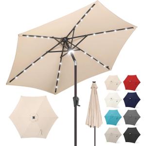 FLAME&SHADE 7.5 FT Solar Light Patio Umbrella, 24 LED Lights Outdoor Umbrella with Centre Surround Light, Table Umbrella Outdoor Patio for Deck, Pool, Backyard, Garden, UV Protection (Beige)