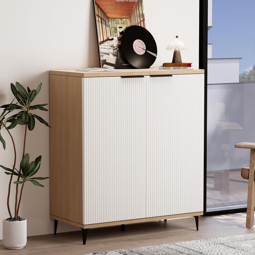 Sideboard Cabinet with Storage and Accent Flute Coffee Bar Console Entryway Cabinet in White and Natural for Kitchen and Dining Room and Living Room (1 pc)