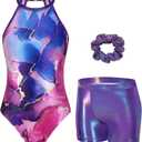 Zaclotre Gymnastics Leotards for Girls Sparkly Sleeveless Clasp Back Dance Leotard Unitards with Tumbling Shorts (7-8 Years, Purple Marble)