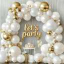 White and Gold Balloons Arch Kit - 129 pcs Double Stuffed Pearl White Sand Beige Ivory Chrome Gold Balloons for Wedding Birthday First Communion Party Decorations