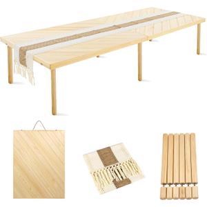 Folding Picnic Table with Table Runner, Portable Boho Low Picnic Table for Indoor Outdoor, 80" x 30" Wooden Table with Adjustable Heights for Camping, Wedding, Beach, Garden, Party (Large Size for 8)