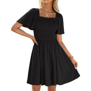 ZESICA Women's 2025 Summer Casual Mini Dress Flutter Short Sleeve Square Neck Smocked Tiered Ruffle Flowy Dresses S, Black