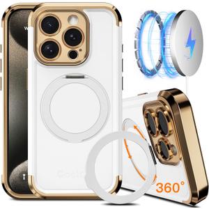 COOLQO for iPhone 15 Pro Max Case 6.7'' Upgraded 360 Spin Magnetic Stand [Compatible with Magsafe][Military Protection] Shockproof Protective Phone Holder Cover for iPhone 15 Pro Max, White Gold