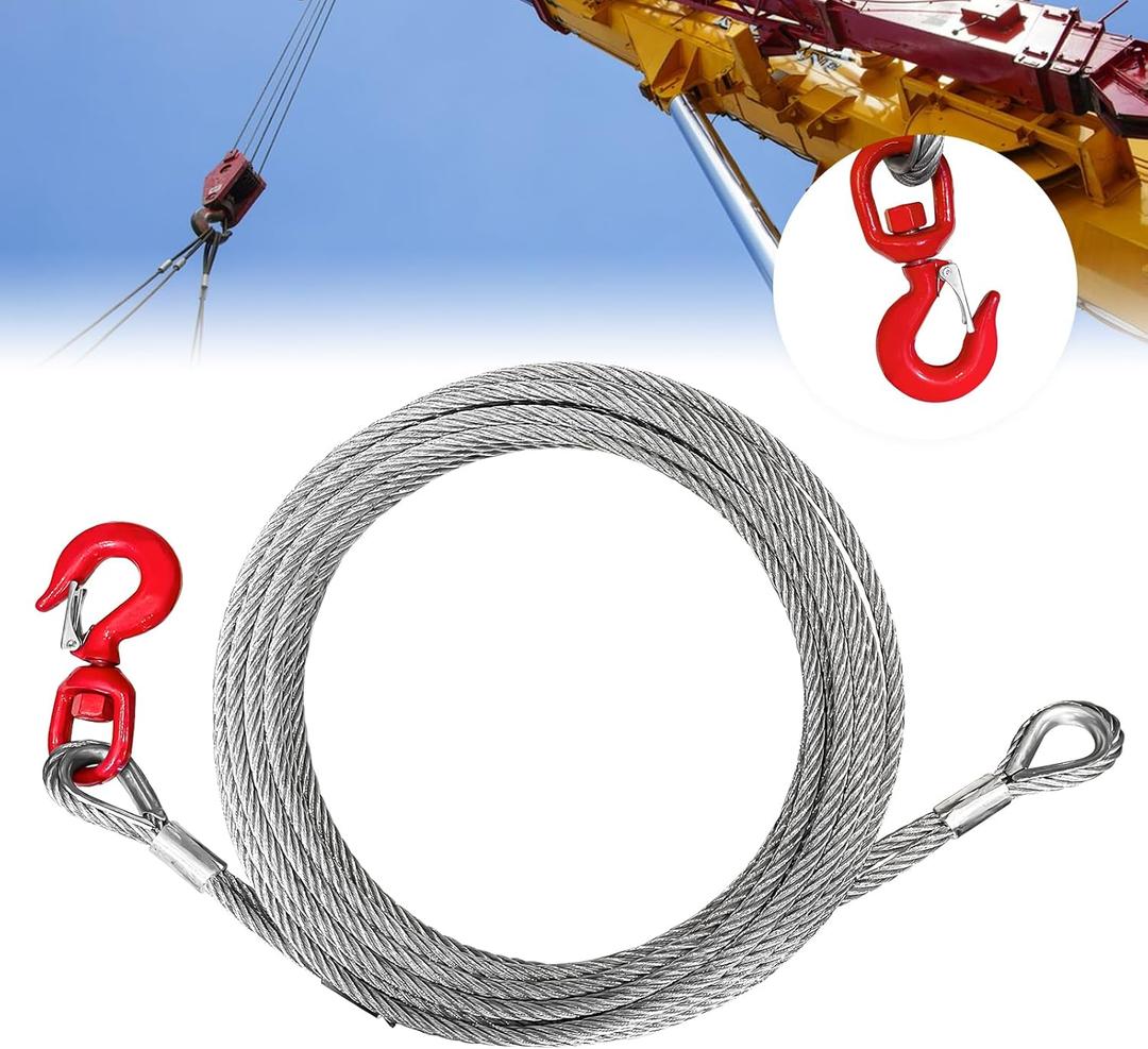 Galvanized Steel Winch Cable, 3/8" Towing Cable Heavy Duty, 13980LBS Breaking Strength, with Swivel Hook 2T and 2 Aluminum Rings, 6x19 Strand Core Steel Cable for Crane Tow Truck (50 FT) (Max Capacity:13980LBS)
