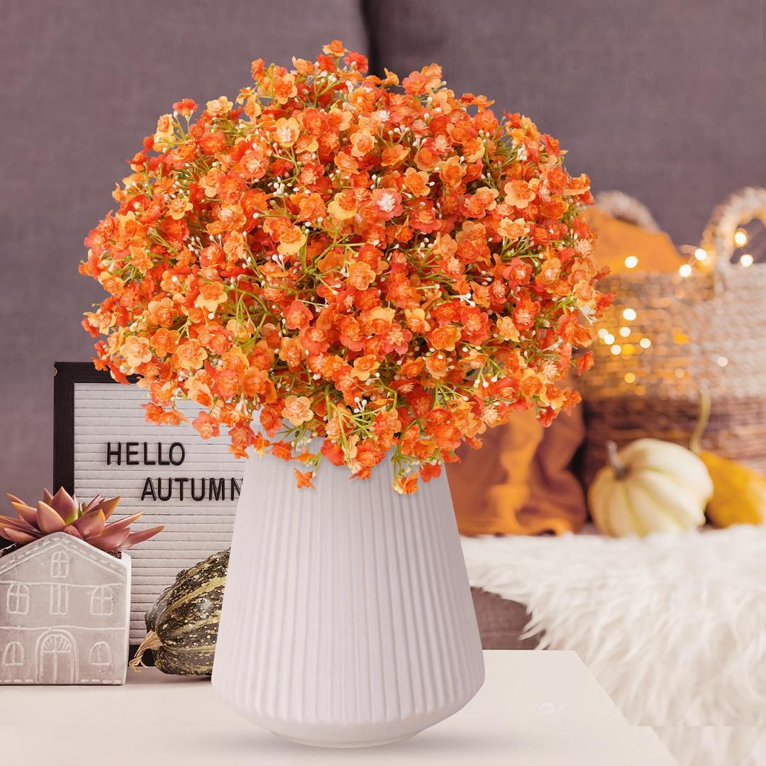 Dolicer 12 Pcs Upgrade Babys Breath Artificial Flowers, Fake White Babys Breath Flowers Artificial Bulk, Real Touch Silk Faux Gypsophila Bouquets for Wedding Arrangement Party Home Decoration(Orange)