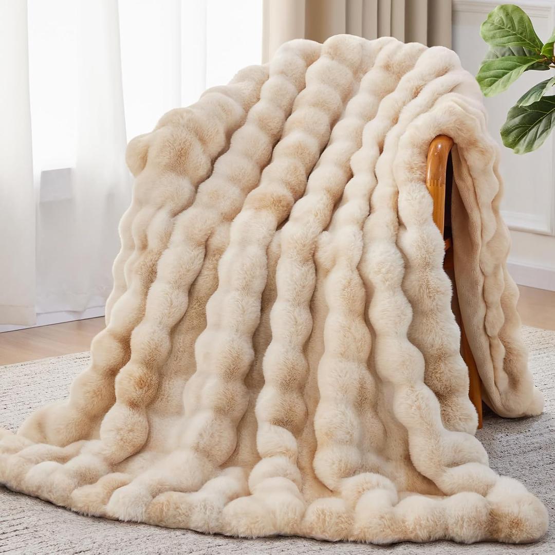 Faux Fur Throw Blanket, 1000GSM Fluffy Soft Bubble Blanket for Couch Bed, Cozy Plush Warm and Thick Rabbit Blanket for Living Room Bedroom 60''*80'' Tie-dye Brown (Twin, Camel)