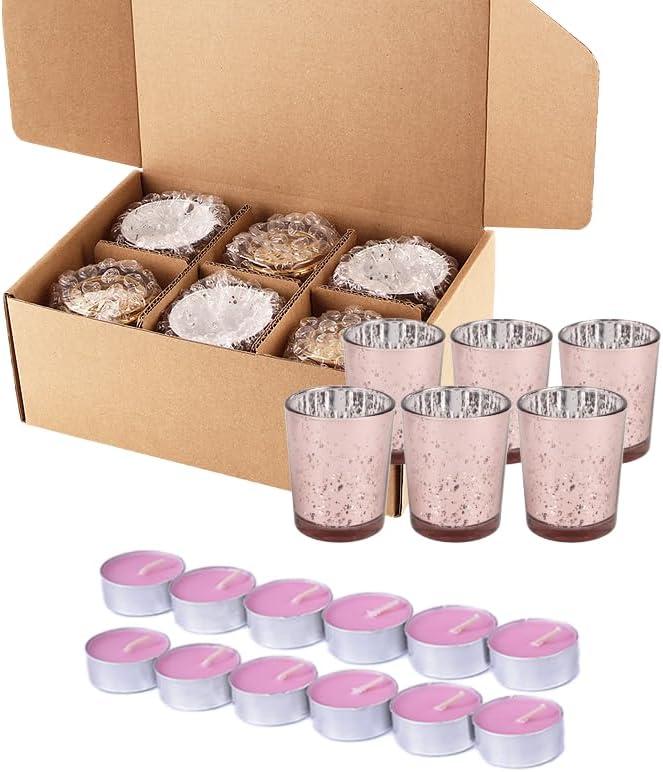 Pink Votive Candle Holder Set 6 Pack with 12 Tea Light Candles, Mercury Glass Finish Tealight Holders for Table Centerpieces Dinner Party Home Decor
